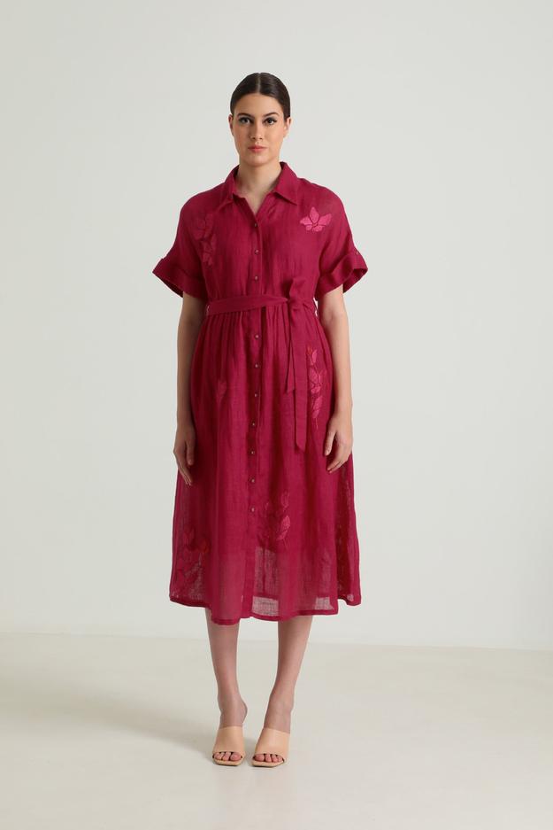 Drop Shoulder Carnation Embroided Dress in Gauze Linen