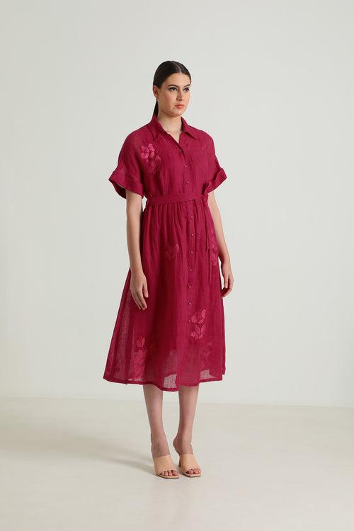 Drop Shoulder Carnation Embroided Dress in Gauze Linen