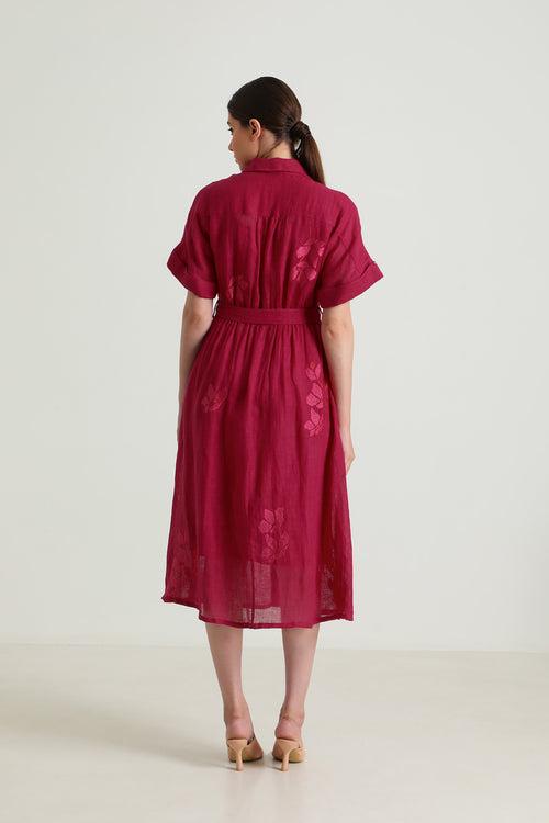 Drop Shoulder Carnation Embroided Dress in Gauze Linen