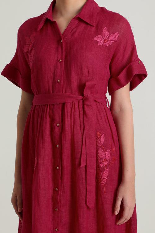 Drop Shoulder Carnation Embroided Dress in Gauze Linen