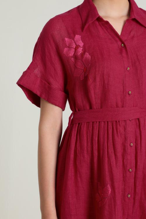 Drop Shoulder Carnation Embroided Dress in Gauze Linen