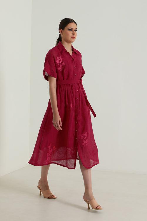 Drop Shoulder Carnation Embroided Dress in Gauze Linen