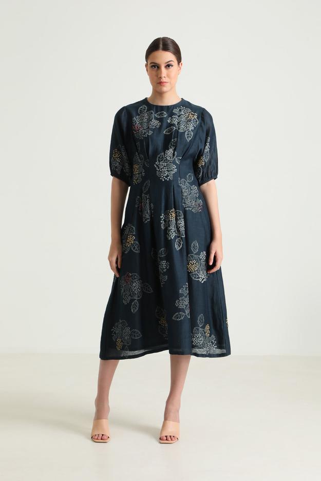 Indigo Box Pleat Printed Dress with Embroidery