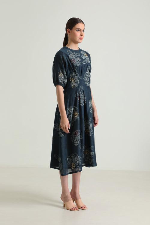 Indigo Box Pleat Printed Dress with Embroidery