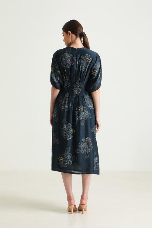 Indigo Box Pleat Printed Dress with Embroidery