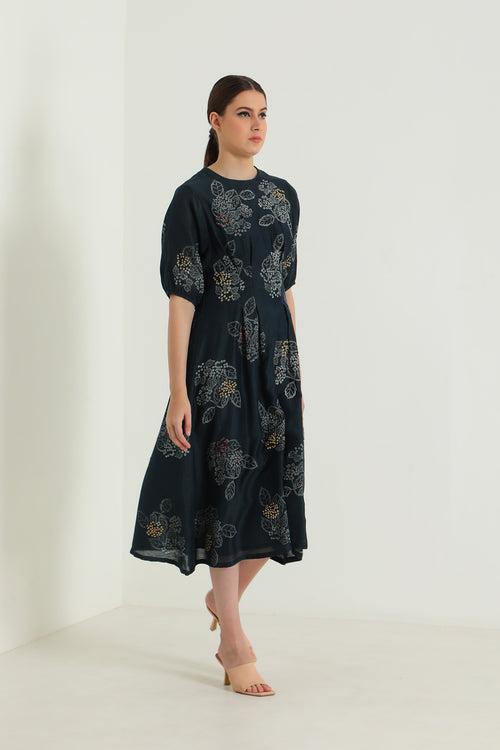 Indigo Box Pleat Printed Dress with Embroidery