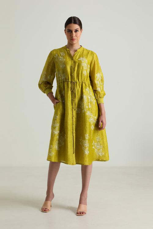 Chartruese Dress with Carnation Print In Silk Chanderi