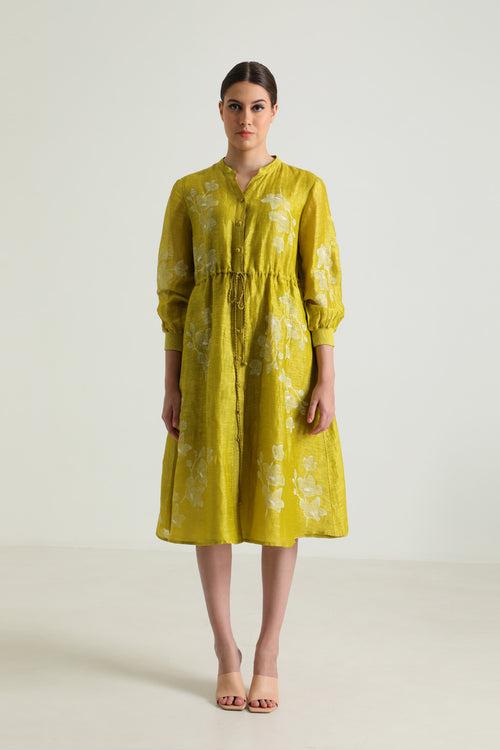 Chartruese Dress with Carnation Print In Silk Chanderi