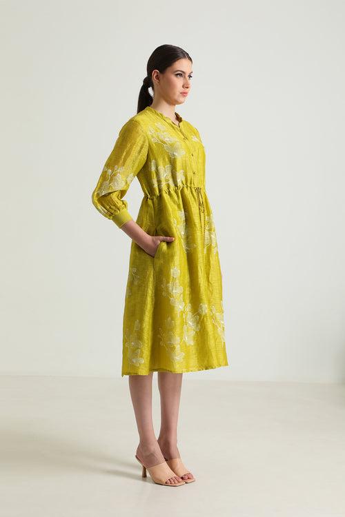 Chartruese Dress with Carnation Print In Silk Chanderi