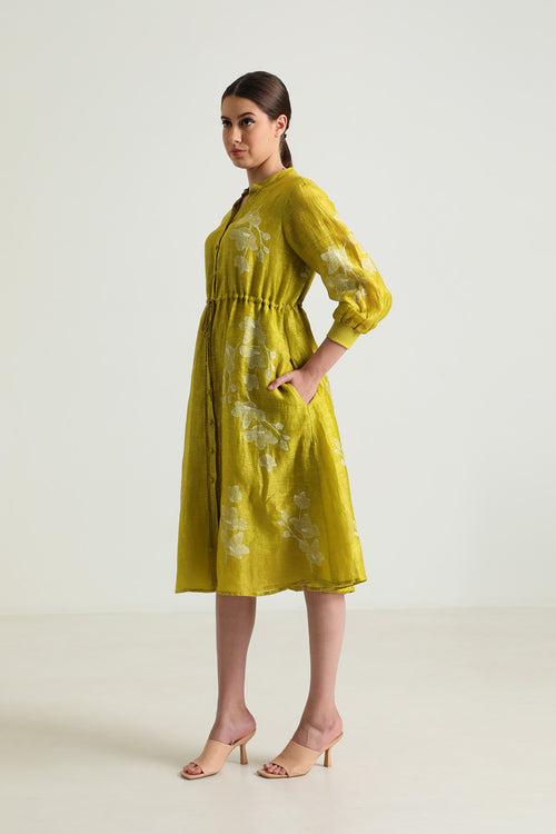 Chartruese Dress with Carnation Print In Silk Chanderi