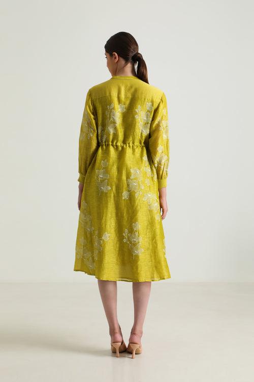 Chartruese Dress with Carnation Print In Silk Chanderi