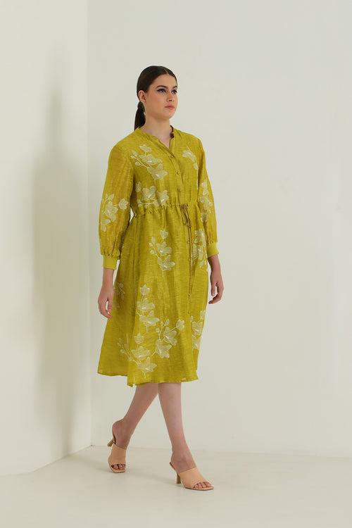 Chartruese Dress with Carnation Print In Silk Chanderi