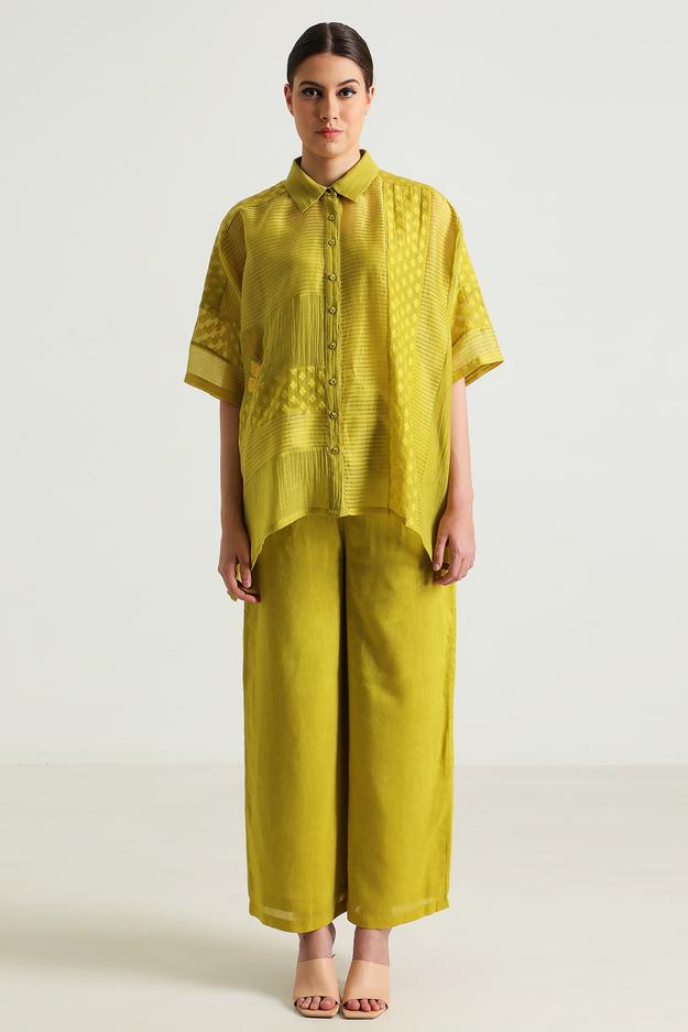 Chartruese Lace Shirt with Linen Wide leg Pants