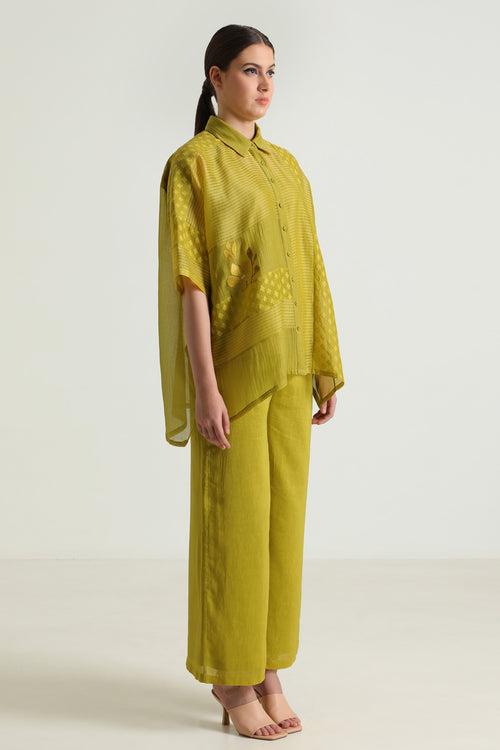 Chartruese Lace Shirt with Linen Wide leg Pants