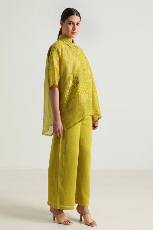 Chartruese Lace Shirt with Linen Wide leg Pants