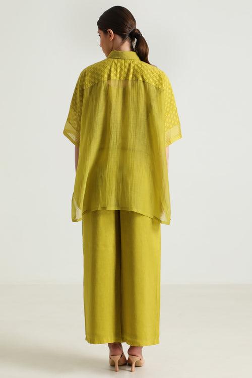 Chartruese Lace Shirt with Linen Wide leg Pants