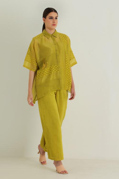 Chartruese Lace Shirt with Linen Wide leg Pants