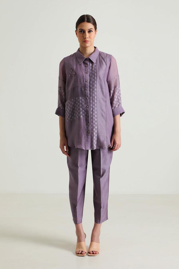 Mauve Lace Shirt with Embroidery and Straight Pant in Silk Chanderi