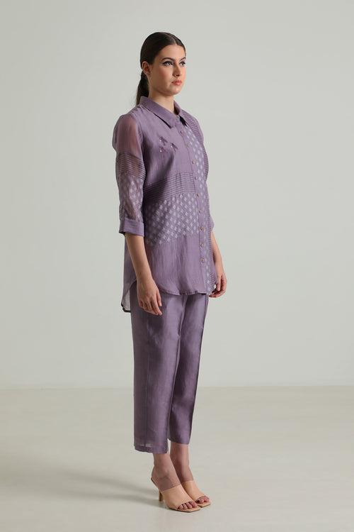 Mauve Lace Shirt with Embroidery and Straight Pant in Silk Chanderi