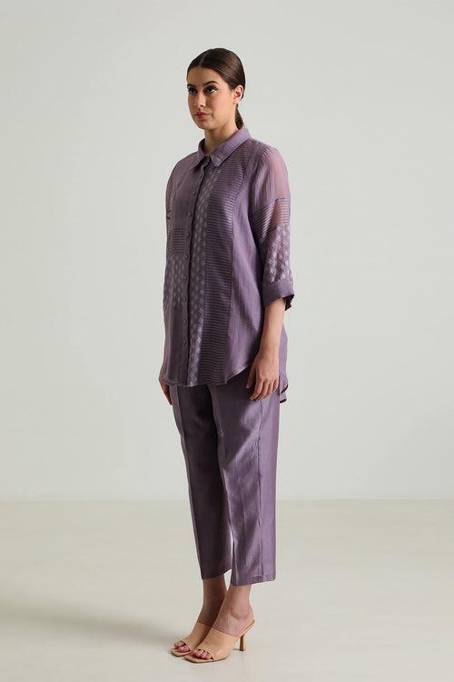 Mauve Lace Shirt with Embroidery and Straight Pant in Silk Chanderi