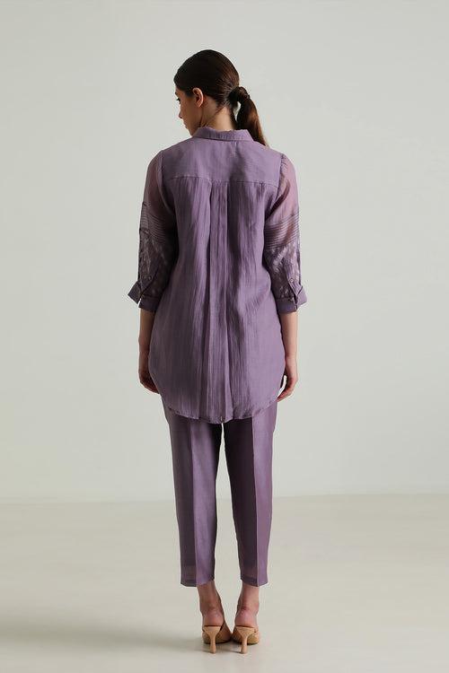 Mauve Lace Shirt with Embroidery and Straight Pant in Silk Chanderi