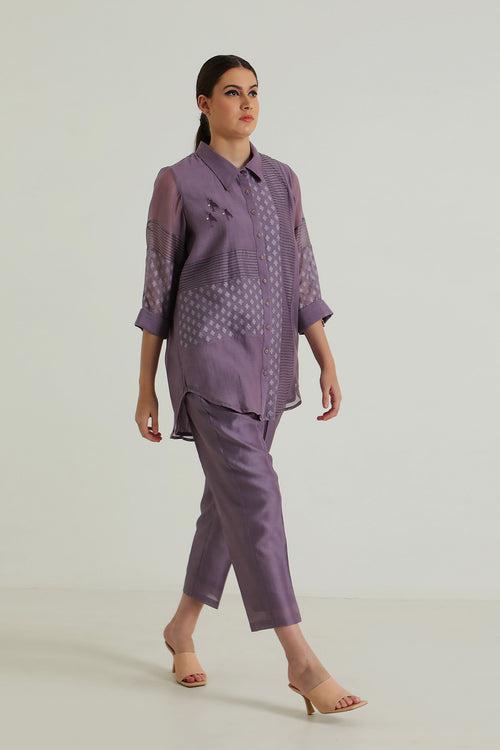 Mauve Lace Shirt with Embroidery and Straight Pant in Silk Chanderi