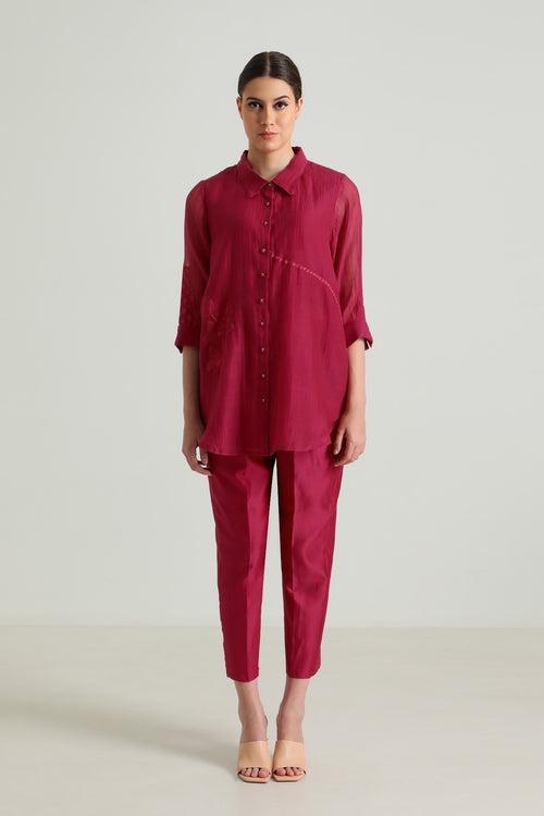 Carnation Embroided Shirt in Cotton Chanderi and Straight Pant in Silk Chanderi