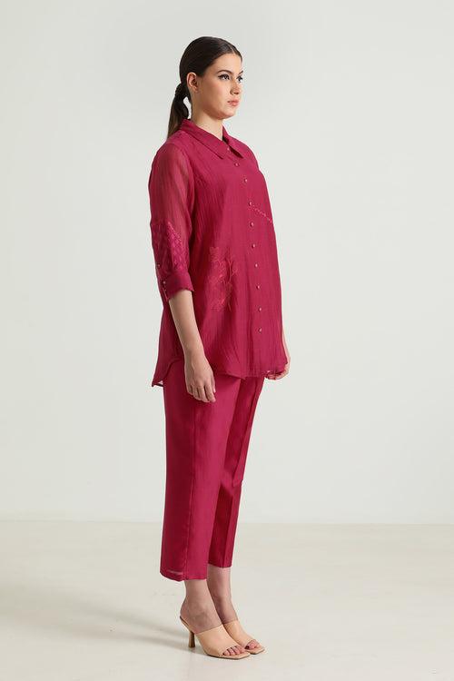 Carnation Embroided Shirt in Cotton Chanderi and Straight Pant in Silk Chanderi