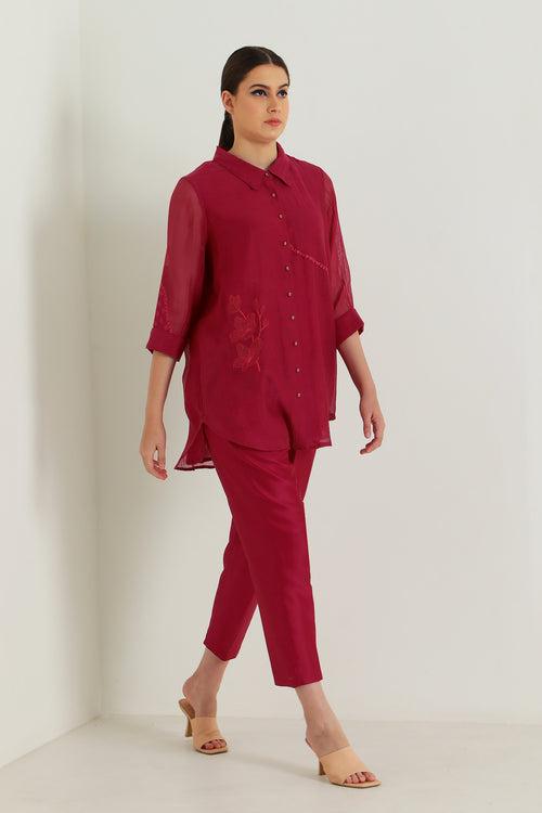 Carnation Embroided Shirt in Cotton Chanderi and Straight Pant in Silk Chanderi