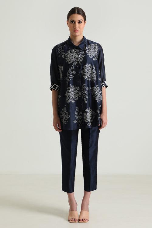 Indigo Wild Weed Shirt in Silk Chanderi With Embroidery and Straight Pant in Silk Chanderi