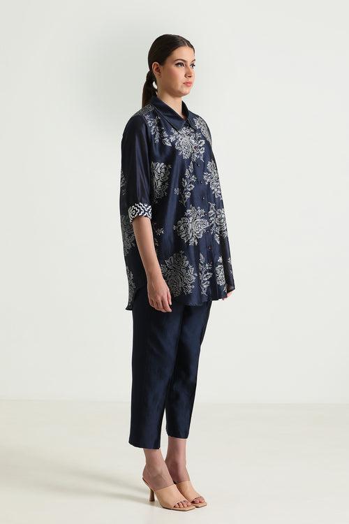 Indigo Wild Weed Shirt in Silk Chanderi With Embroidery and Straight Pant in Silk Chanderi