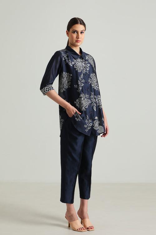 Indigo Wild Weed Shirt in Silk Chanderi With Embroidery and Straight Pant in Silk Chanderi