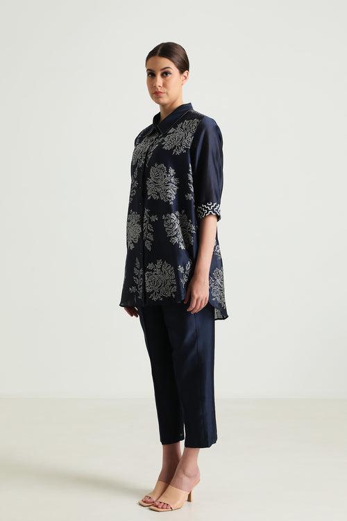 Indigo Wild Weed Shirt in Silk Chanderi With Embroidery and Straight Pant in Silk Chanderi