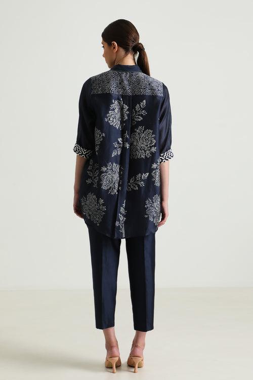 Indigo Wild Weed Shirt in Silk Chanderi With Embroidery and Straight Pant in Silk Chanderi