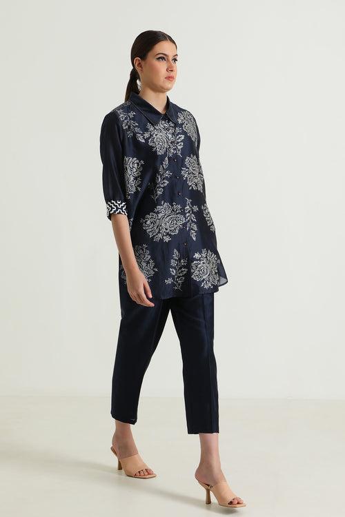 Indigo Wild Weed Shirt in Silk Chanderi With Embroidery and Straight Pant in Silk Chanderi