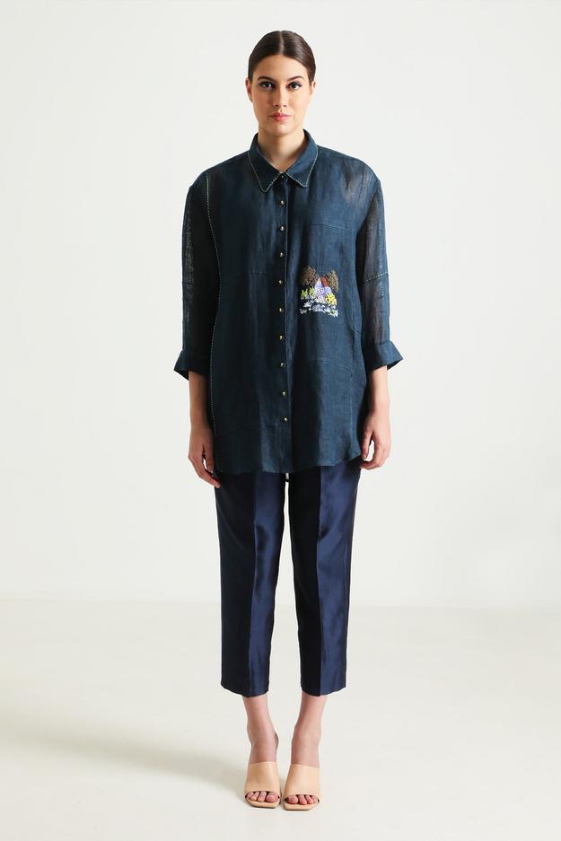 Indigo Country Shirt in Gauze Linen with Embroidery and Straight Pant in Silk Chanderi