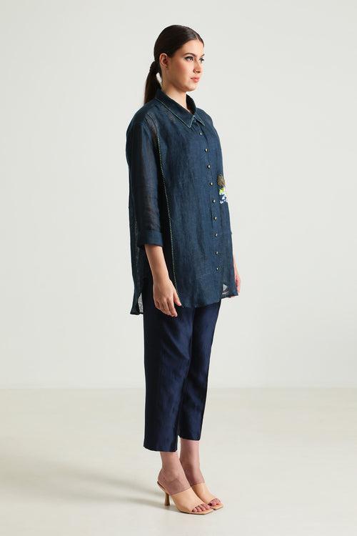 Indigo Country Shirt in Gauze Linen with Embroidery and Straight Pant in Silk Chanderi