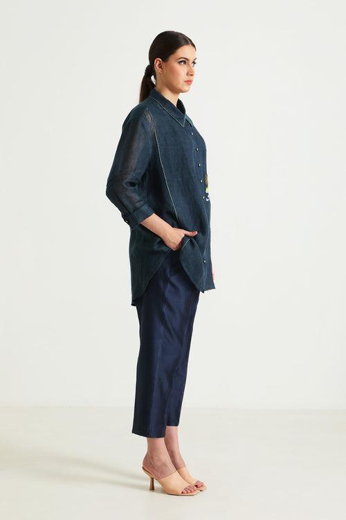 Indigo Country Shirt in Gauze Linen with Embroidery and Straight Pant in Silk Chanderi