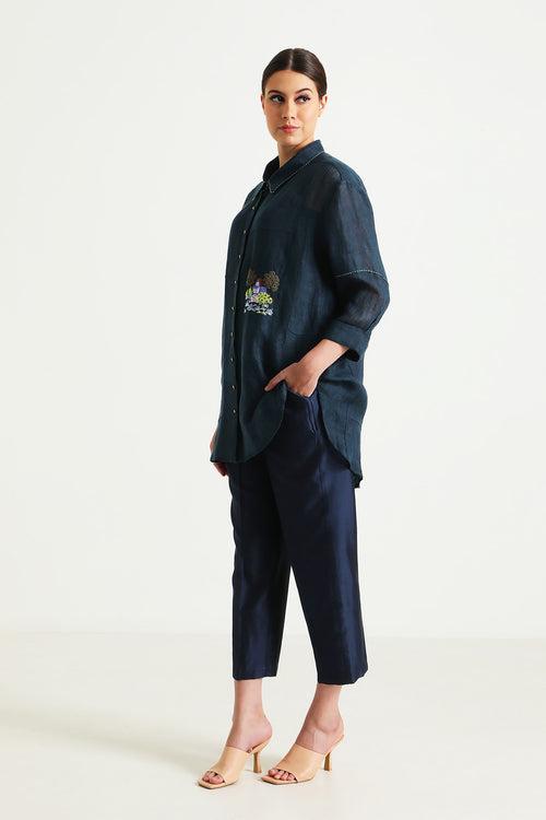 Indigo Country Shirt in Gauze Linen with Embroidery and Straight Pant in Silk Chanderi