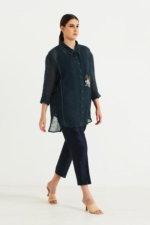 Indigo Country Shirt in Gauze Linen with Embroidery and Straight Pant in Silk Chanderi