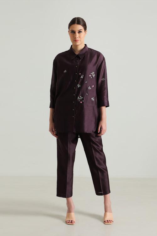 Lavender Pin Tuck Shirt in Silk Chanderi with Embroidery and Straight Pants in Silk Chanderi