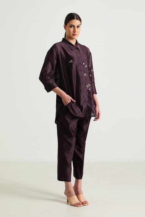 Lavender Pin Tuck Shirt in Silk Chanderi with Embroidery and Straight Pants in Silk Chanderi