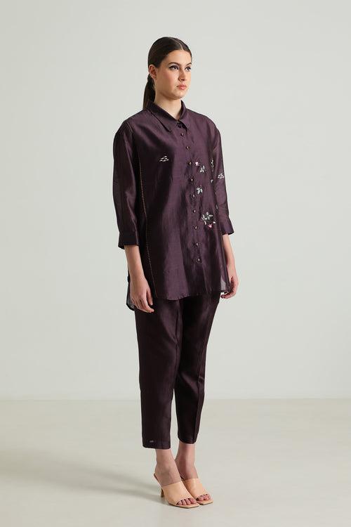 Lavender Pin Tuck Shirt in Silk Chanderi with Embroidery and Straight Pants in Silk Chanderi