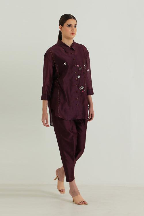 Lavender Pin Tuck Shirt in Silk Chanderi with Embroidery and Straight Pants in Silk Chanderi