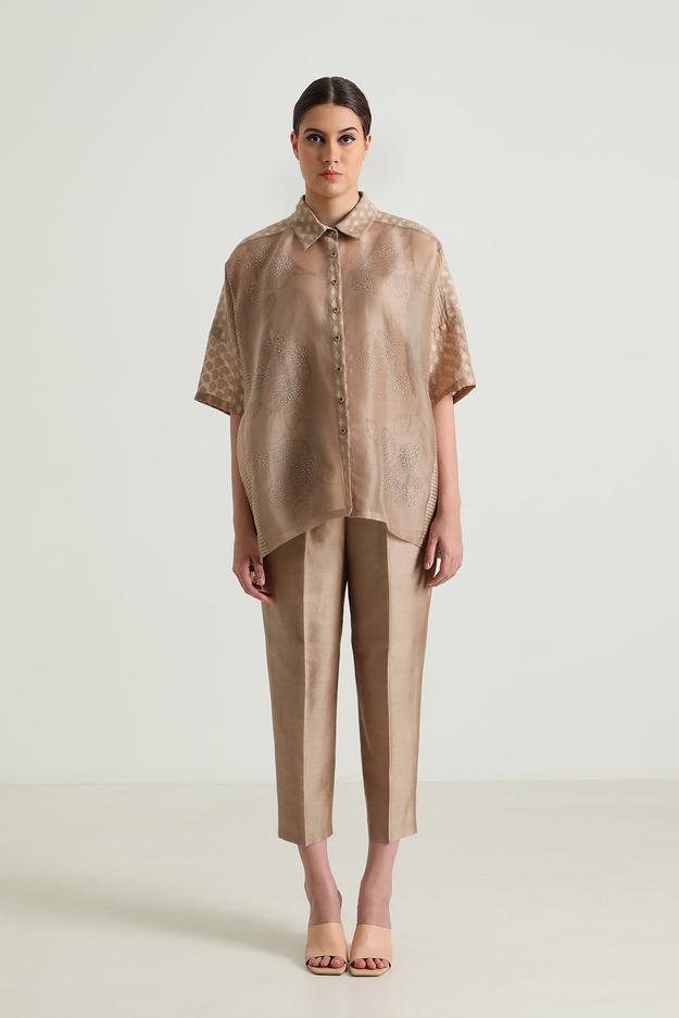 Beige Organza Lace Shirt and Straight Pant in Silk Chanderi