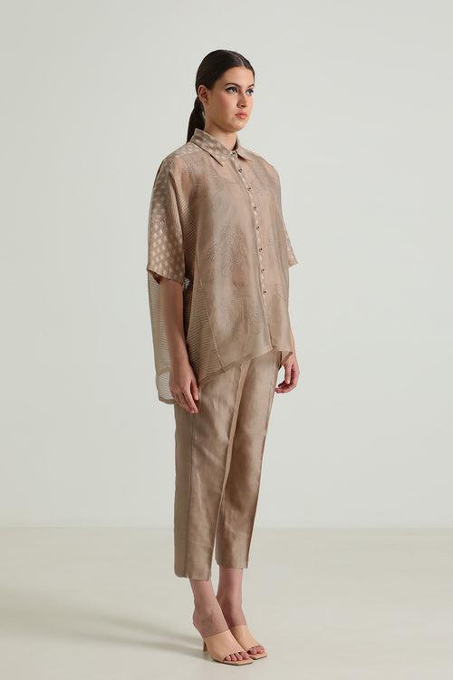 Beige Organza Lace Shirt and Straight Pant in Silk Chanderi