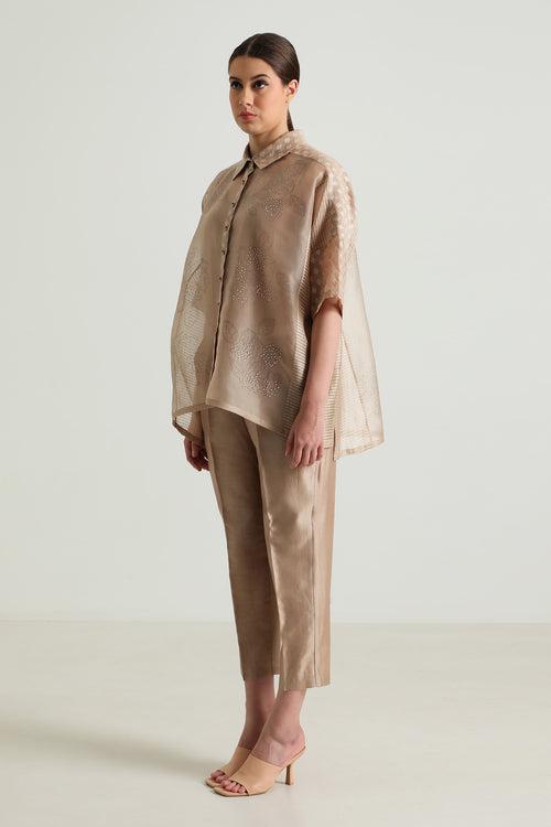 Beige Organza Lace Shirt and Straight Pant in Silk Chanderi