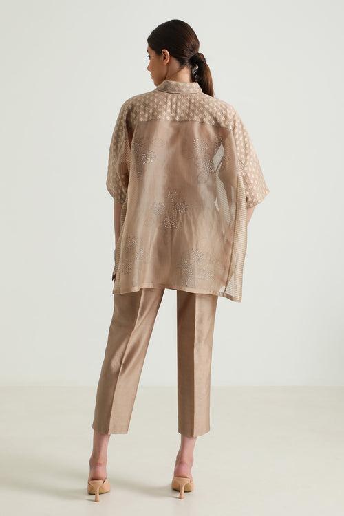 Beige Organza Lace Shirt and Straight Pant in Silk Chanderi