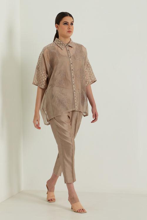 Beige Organza Lace Shirt and Straight Pant in Silk Chanderi