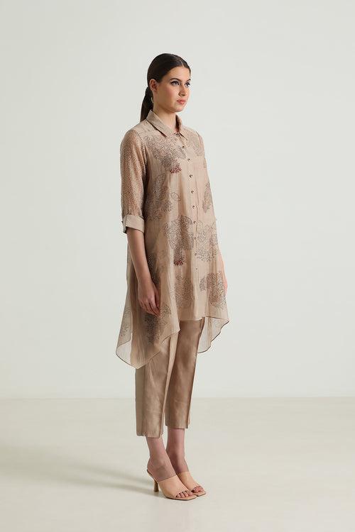 Cotton Chanderi Shirt with Embroidery and Straight Pant in Silk Chander